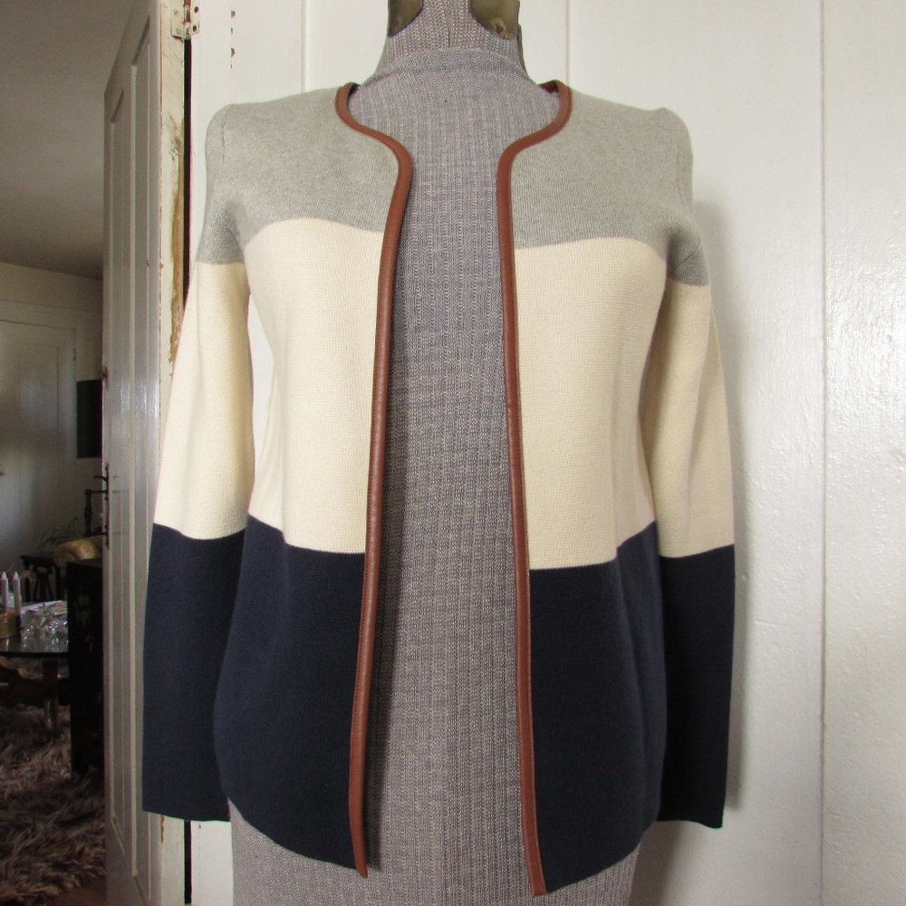 BANANA REPUBLIC Gray Cream and Navy Blue Stripe Cardigan with Leather Trim